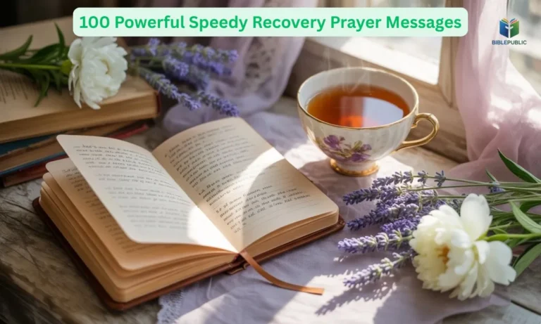 Open notebook with handwritten prayers, sunlight, and calming surroundings representing 100 powerful speedy recovery prayer messages for friends, family, and loved ones.