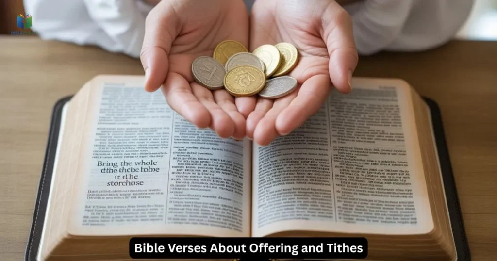 Bible open to verses about offering and tithes, hands giving with faith and joy