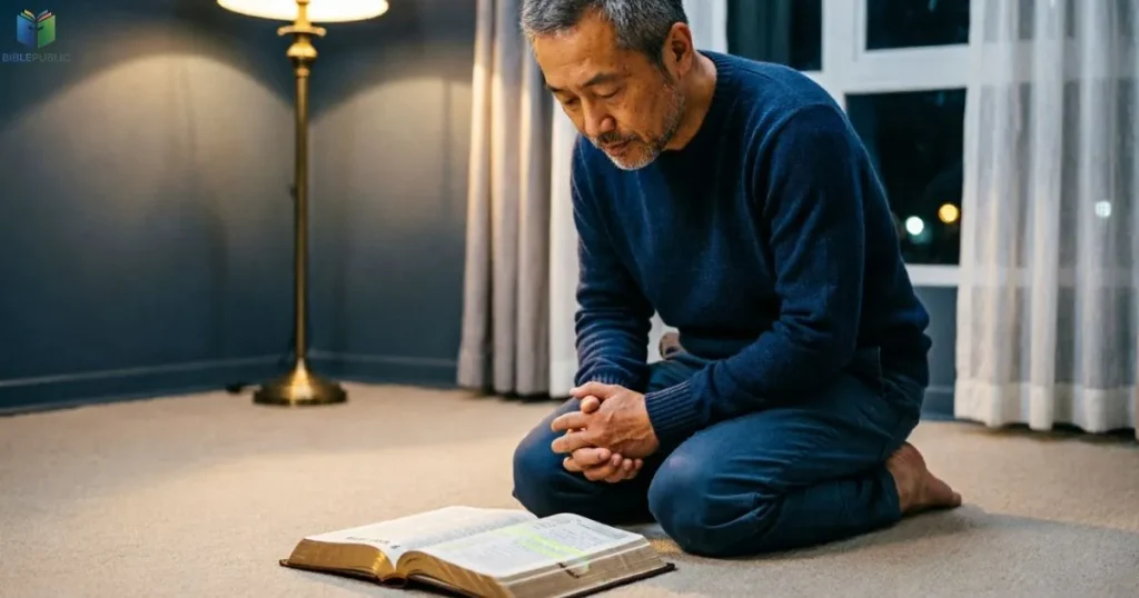 Christian praying at midnight with Bible verses for prayer, faith, and protection