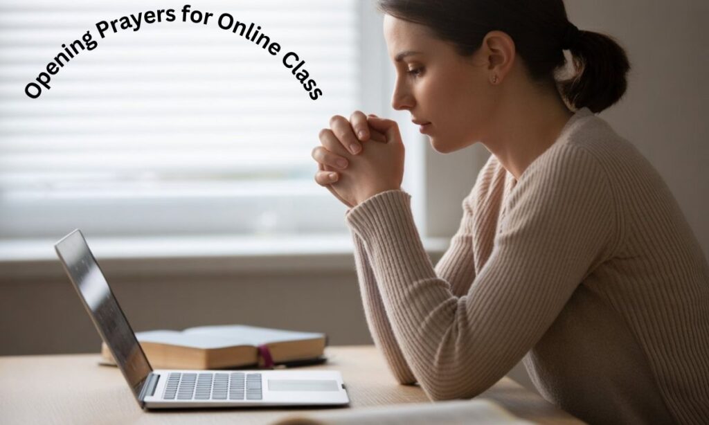 Student praying before starting an online class, hands clasped beside laptop with Bible, reflecting focus, gratitude, and spiritual guidance in a virtual learning environment