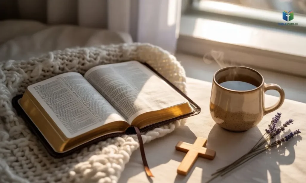 Open Bible or prayer journal with a warm cup of tea and cozy setting, representing powerful speedy recovery prayer messages for fast healing and emotional support.
