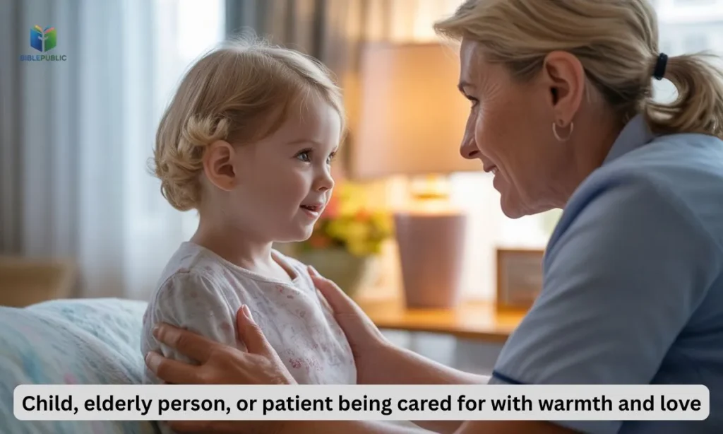 Child, elderly person, or patient being cared for with warmth and love, representing special speedy recovery prayer messages for those needing extra attention.