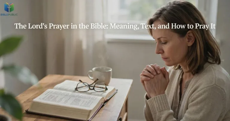 The Lord’s Prayer in the Bible opened beside a Christian praying in quiet devotion