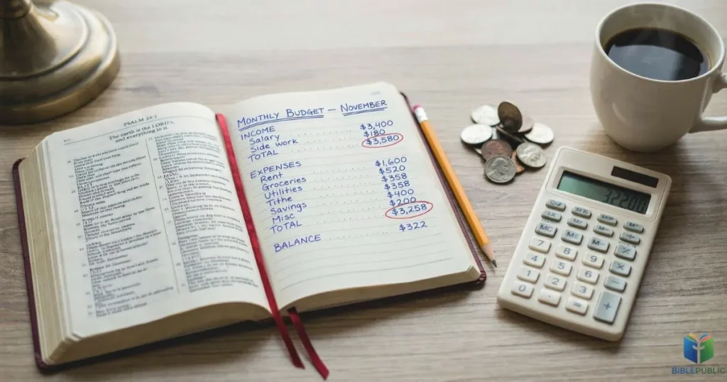 Christian financial stewardship with Bible, budgeting, wise money management, and giving