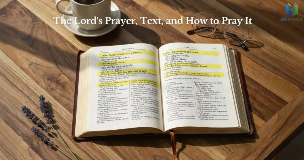 The Lord’s Prayer in Matthew and Luke shown beside an open Bible and Scripture notes