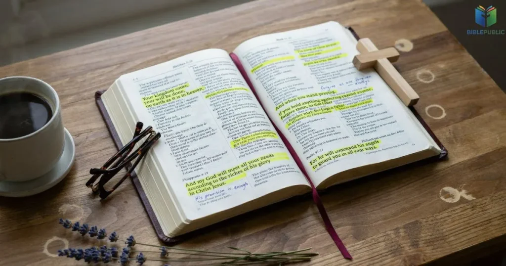 Bible verses related to The Lord’s Prayer about forgiveness, provision, and God’s kingdom