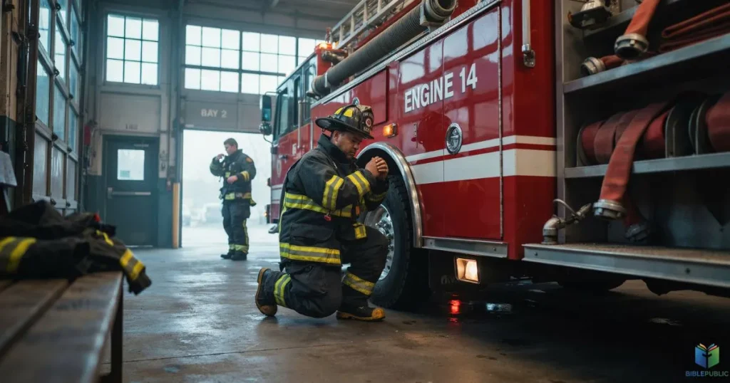 Firefighter praying beside a fire truck for strength, courage, and protection