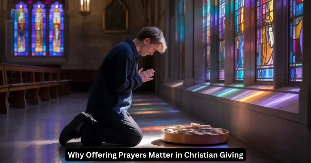 Christian praying beside church offering plate, highlighting the importance of giving