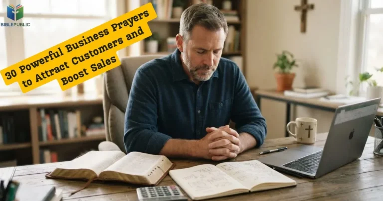 Prayers to Attract Customers, with a business owner praying beside an open Bible and sales notes.