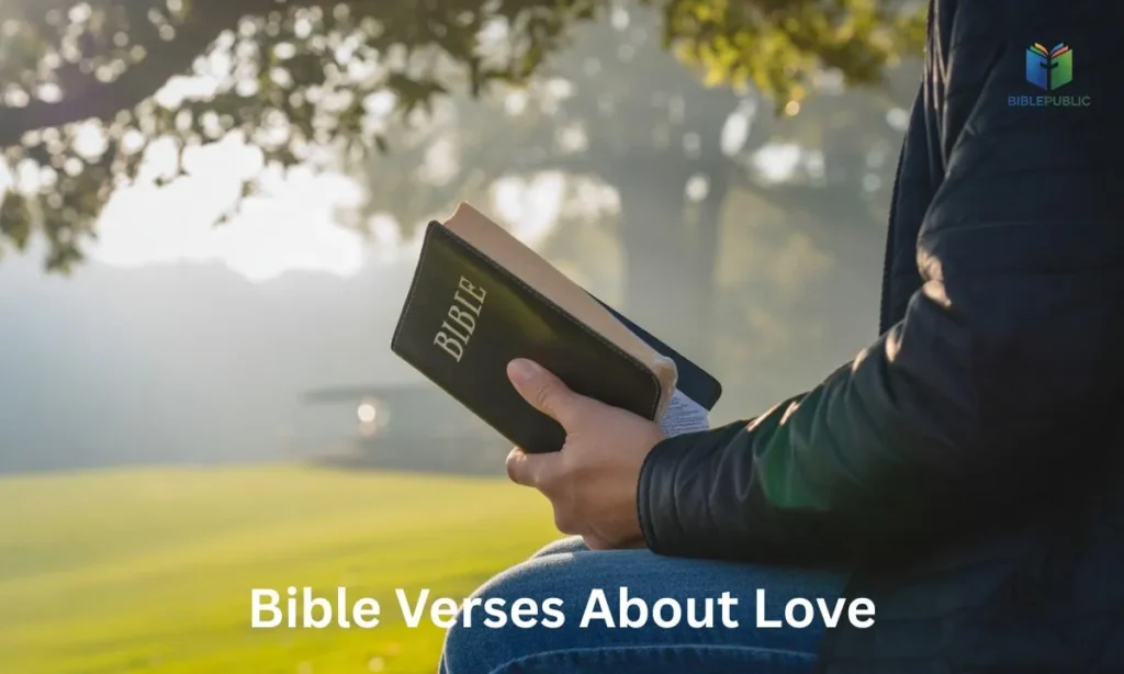 Person holding an open Bible outdoors, reflecting on verses about love, faith, and compassion in a peaceful, inspiring setting.