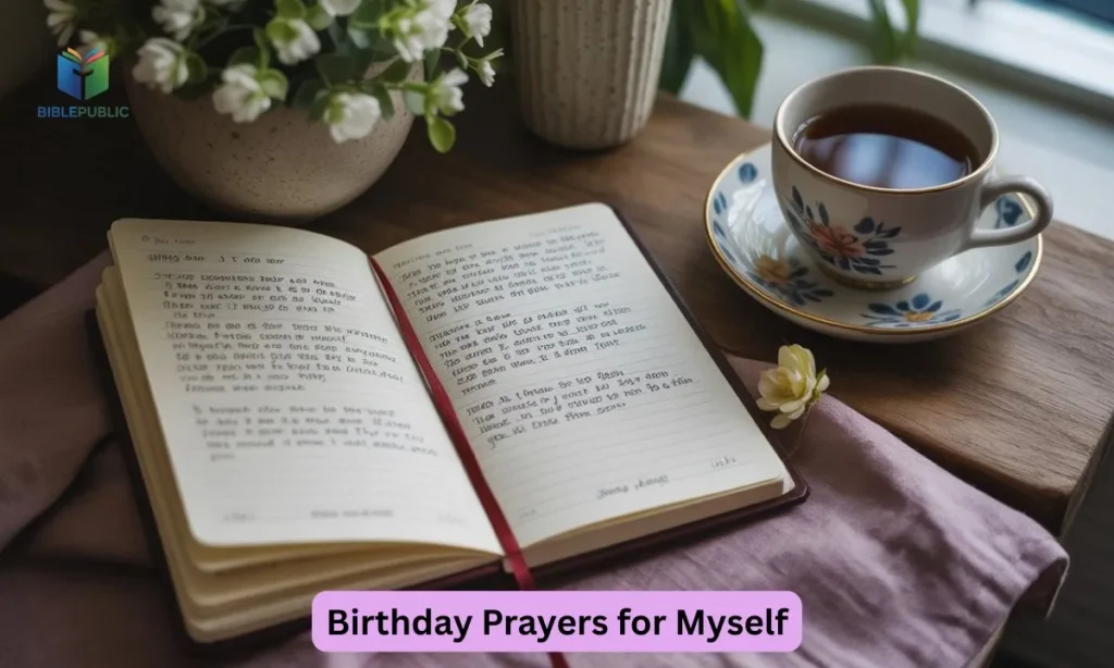 Journal with heartfelt birthday prayers for myself, accompanied by a calming cup of tea.