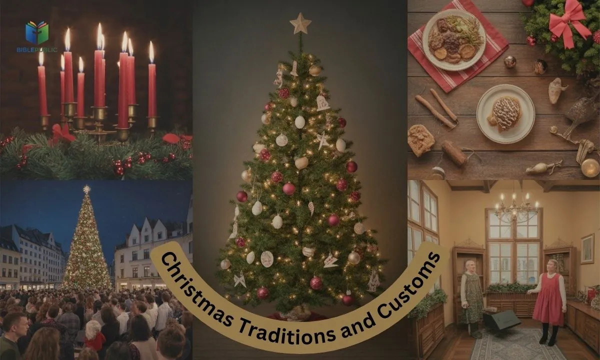 Collage of global Christmas traditions, including trees, caroling, decorations, and cultural customs.