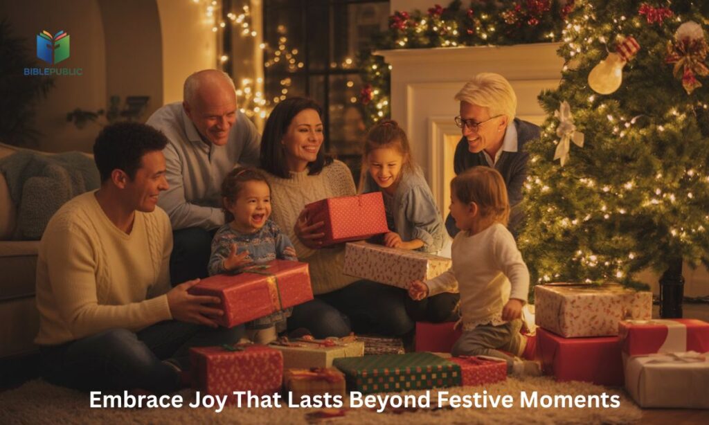 Embracing lasting joy beyond the Christmas season, with a family sharing joyful moments.