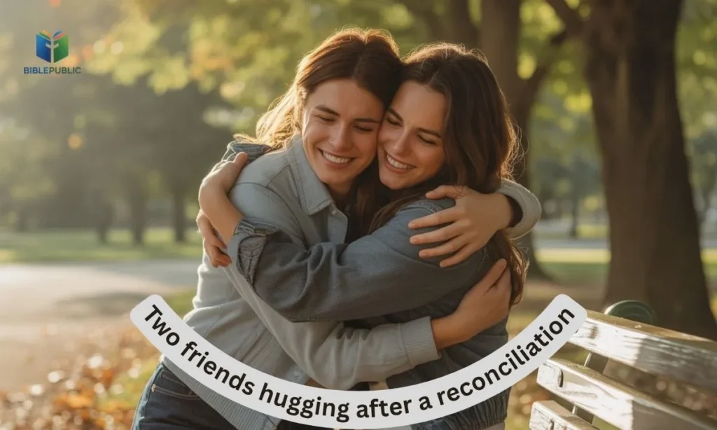 Friends embracing in forgiveness, reflecting the Biblical teaching of friendship and reconciliation.