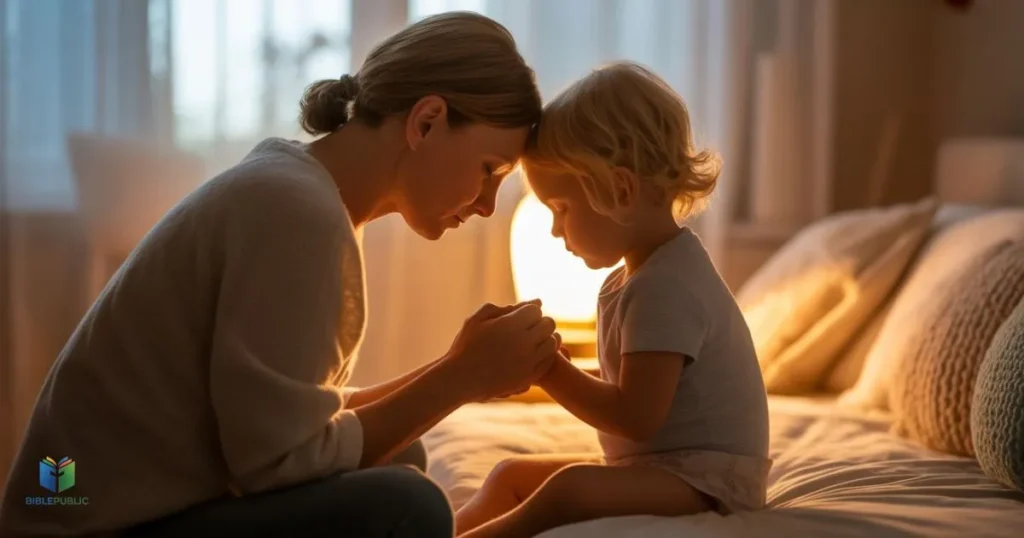 Parent praying with child at bedtime, nurturing nighttime prayers for kids and family faith