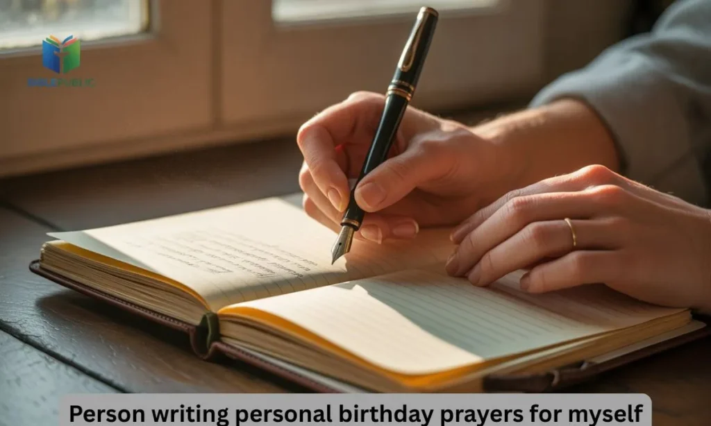 Person writing personal birthday prayers for myself in a journal with morning sunlight