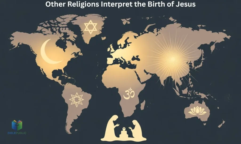 Global religious symbols representing how different faiths interpret the birth of Jesus.