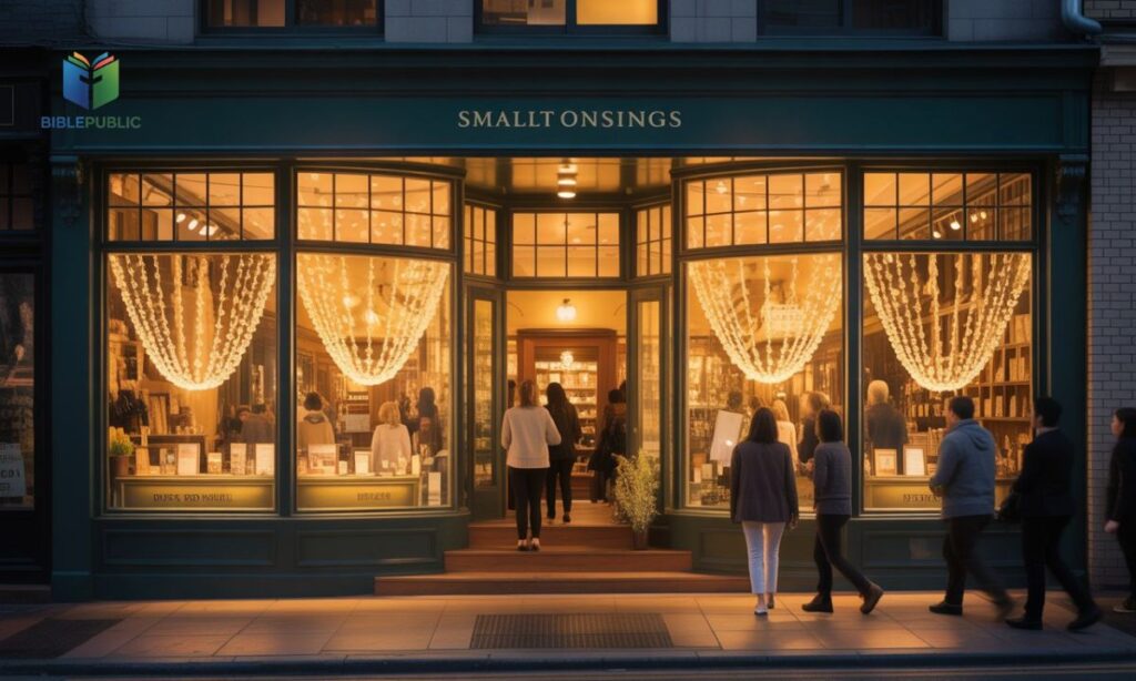 People entering a warmly lit boutique shop in the evening, showcasing a welcoming storefront with decorative lights and an inviting atmosphere.