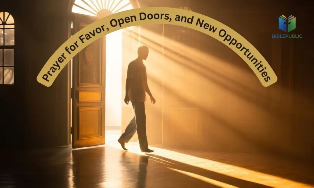 Open door with sunlight shining through, symbolizing favor, open doors, and new opportunities through November prayers.