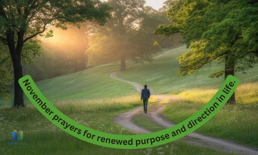 Person walking on a bright path through nature – November prayers for renewed purpose and direction in life.