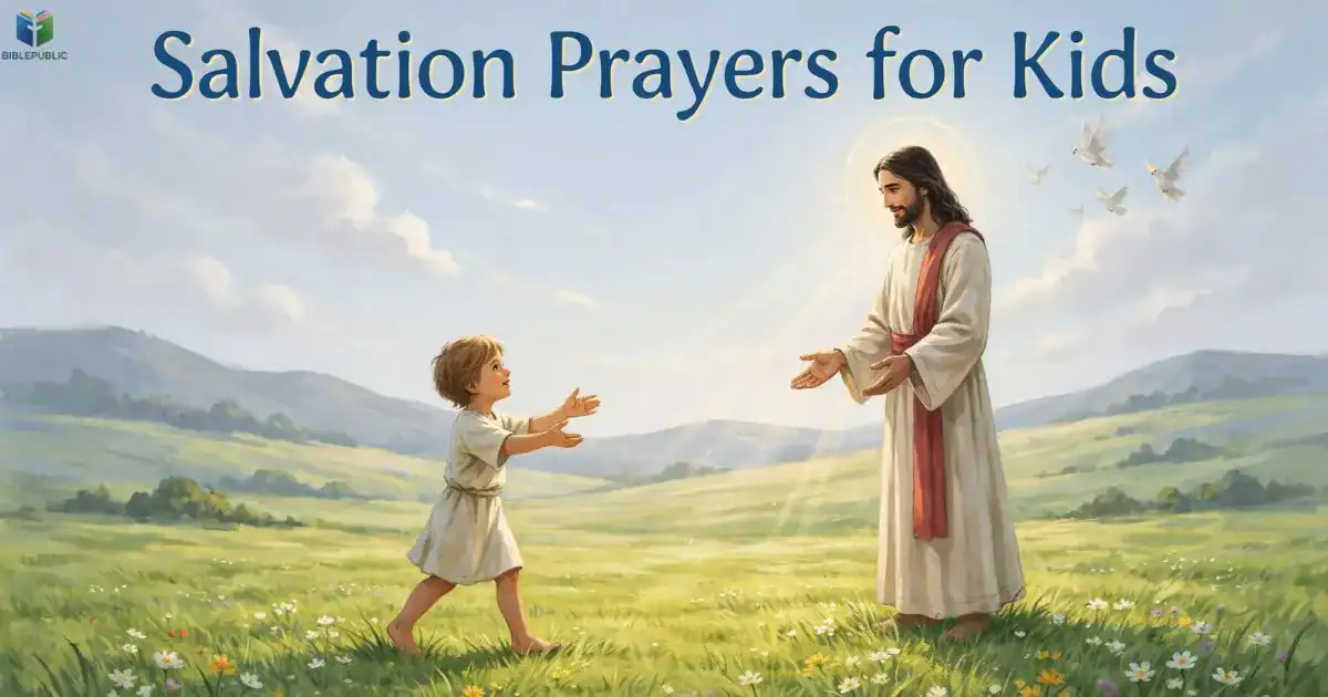 Salvation Prayers for Kids as a child welcomes Jesus in a peaceful meadow