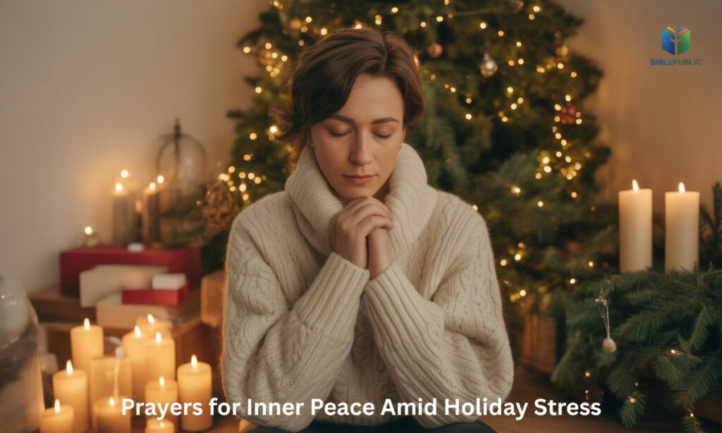 Finding inner peace through prayer amidst holiday stress, with soft holiday decorations in the background