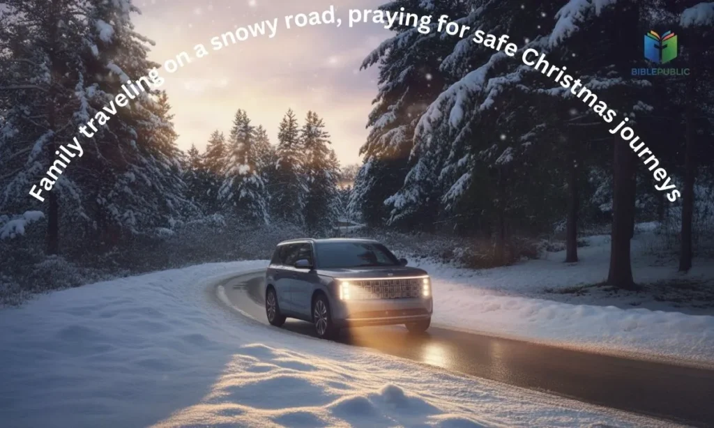 Family traveling on a snowy road, praying for safe Christmas journeys.