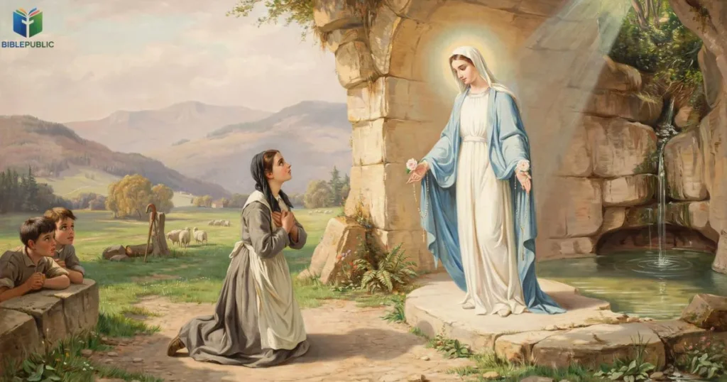 Our Lady of Lourdes appearing to Saint Bernadette, inspiring Prayers to Our Lady of Lourdes for Healing