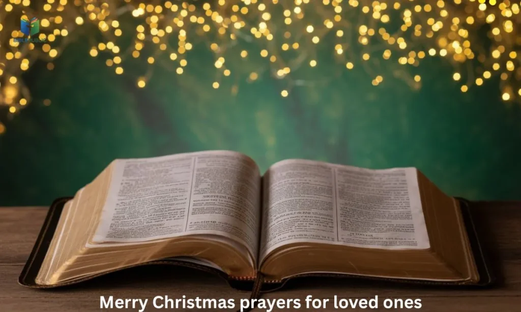 Open Bible surrounded by Christmas lights symbolizing prayer and reflection.