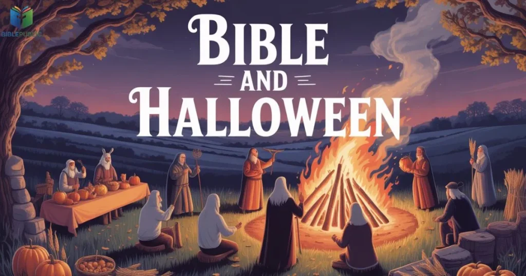 Ancient Celtic Samhain festival with bonfires and costumes showing Bible and Halloween historical origins