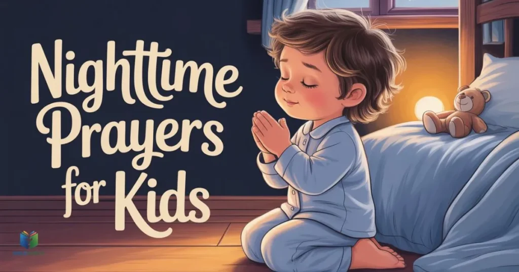 Child praying at night to feel safe and calm, highlighting nighttime prayers for kids