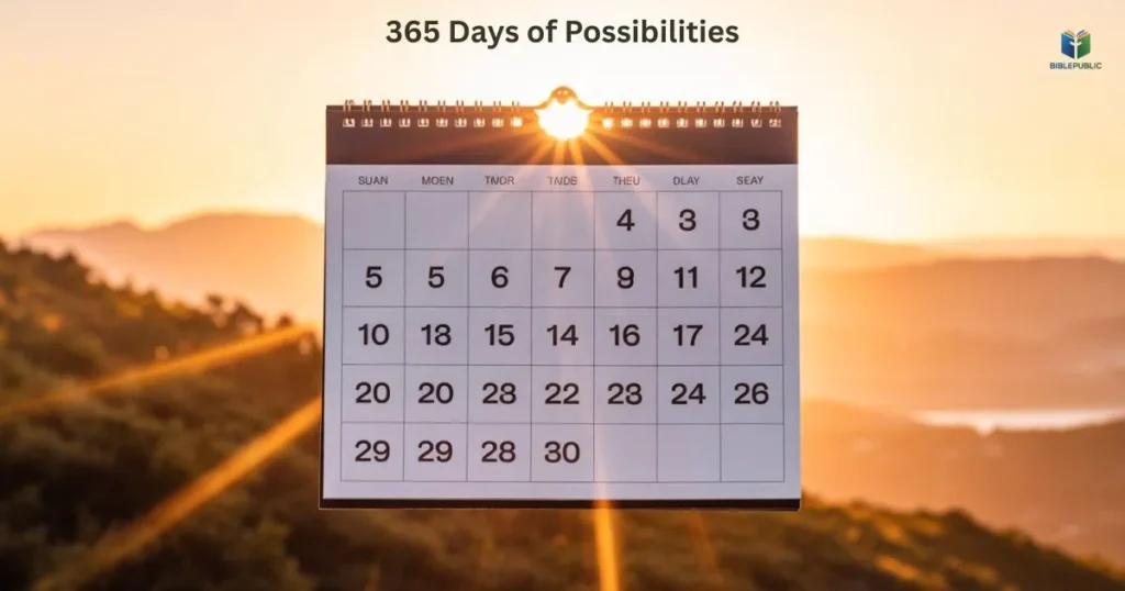  365 Days of Possibilities New Year quote with calendar and sunrise visual

