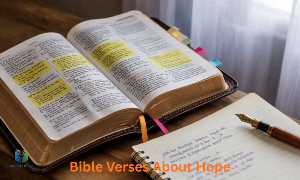 Highlighted Bible verses about hope with a notebook and pen, offering spiritual guidance and encouragement.