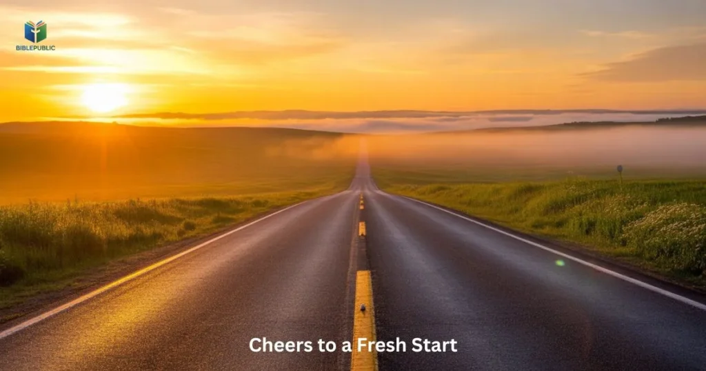 Cheers to a Fresh Start New Year quote with sunrise image symbolizing new beginnings