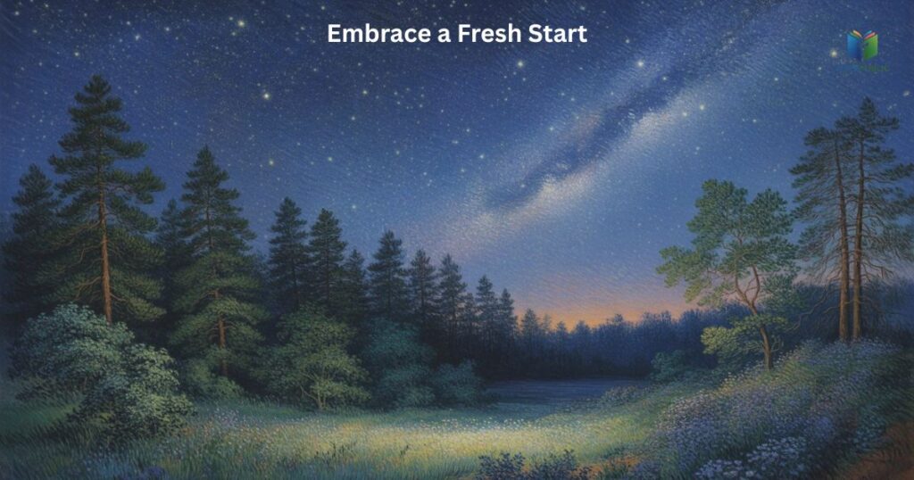 Embrace a Fresh Start New Year quote with serene night sky image