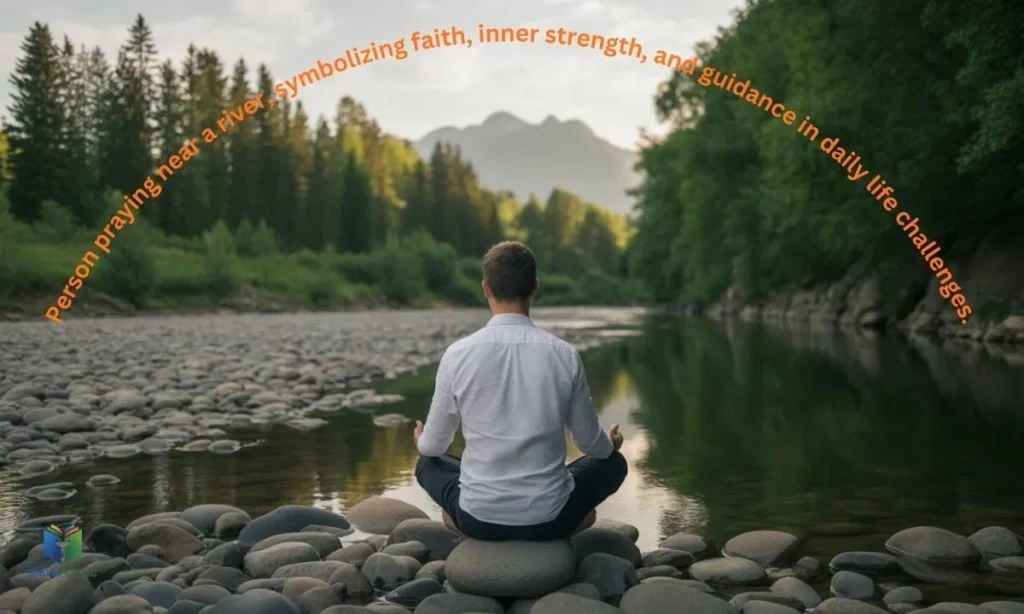 Person praying near a river, symbolizing faith, inner strength, and guidance in daily life challenges.
