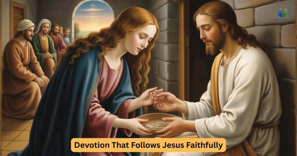 Mary Magdalene in the Bible serving Jesus humbly, reflecting selfless love and quiet devotion