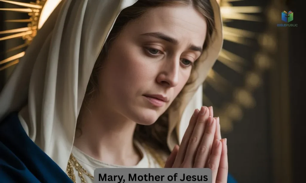 Mary, Mother of Jesus, in prayer showing her devotion and holiness.