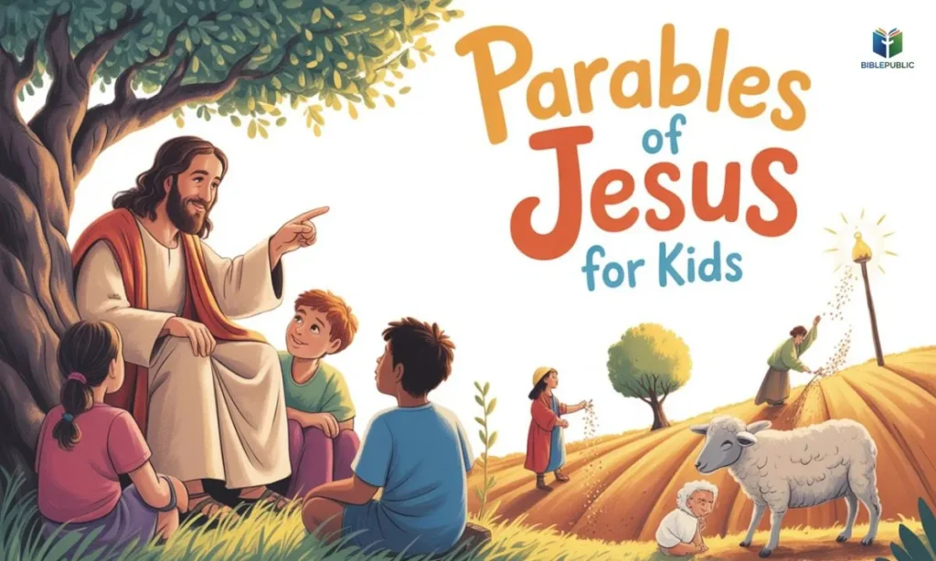 Children listening to a teacher read the Bible outdoors, introducing Parables of Jesus for Kids and inspiring faith, understanding, and love for God’s teachings.