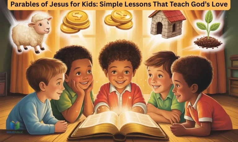 Children gathered around an open Bible, learning Parables of Jesus for Kids, discovering God’s love, kindness, and life lessons in a fun, engaging way.
