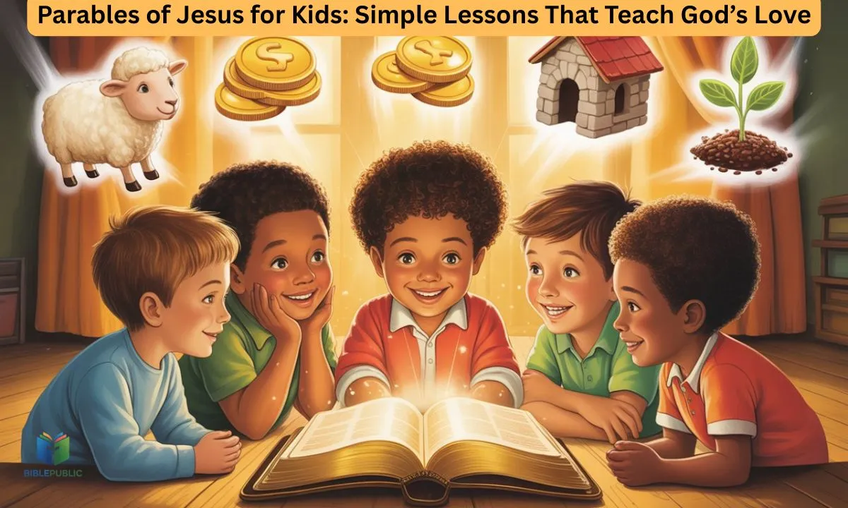 Children gathered around an open Bible, learning Parables of Jesus for Kids, discovering God’s love, kindness, and life lessons in a fun, engaging way.
