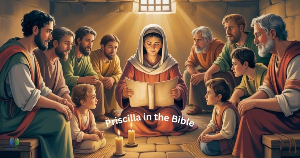 Priscilla in the Bible depicted as a faithful teacher guiding early Christians in Scripture