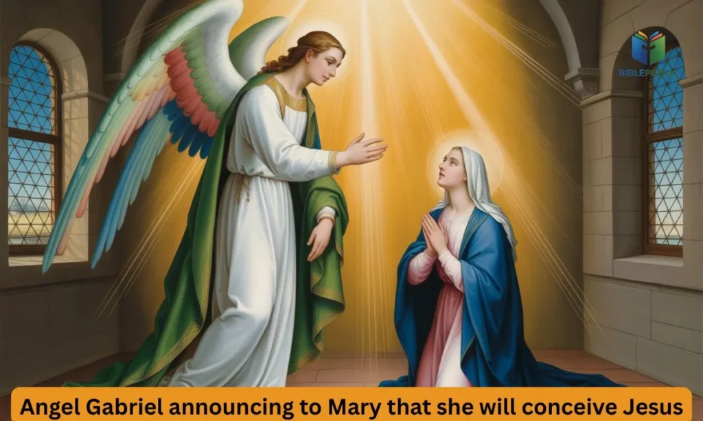 Angel Gabriel announcing to Mary that she will conceive Jesus, known as the Annunciation.