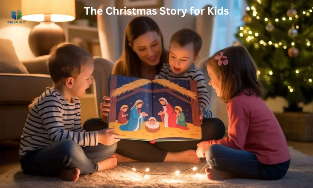 Children listening to the Christmas Story for Kids being read aloud with joyful expressions and colorful Nativity illustrations.
