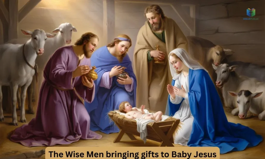 The Wise Men bringing gifts to Baby Jesus, teaching children generosity, respect, and the Nativity story.