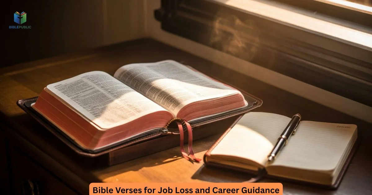 Open Bible with highlighted verses for job loss and career guidance, inspiring hope and faith.