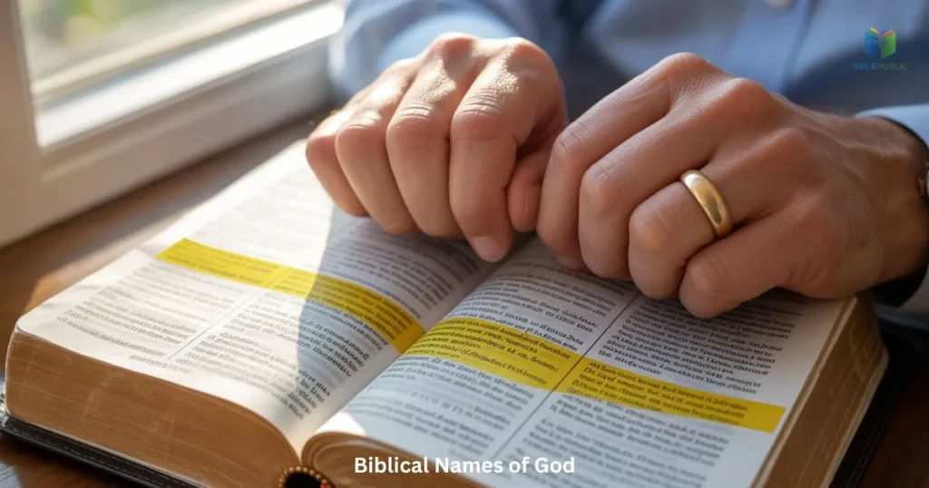 Biblical Names of God highlighted in a Bible emphasizing faith and devotion.