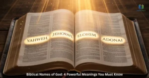 Biblical Names of God highlighted in a Bible with divine light for spiritual insight.