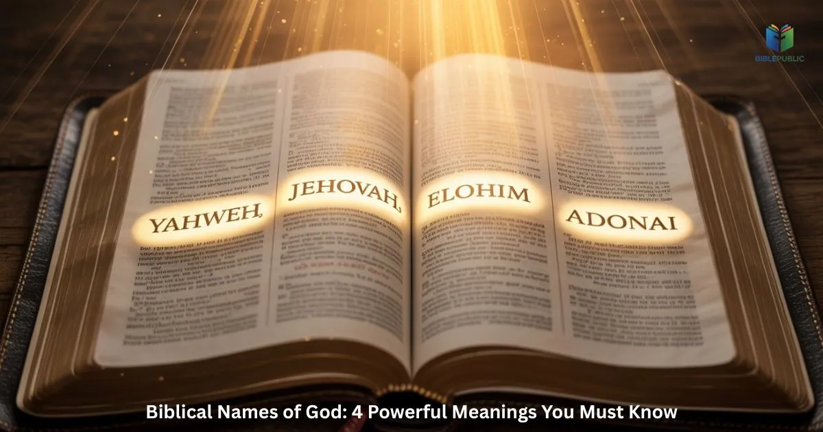 Biblical Names of God highlighted in a Bible with divine light for spiritual insight.