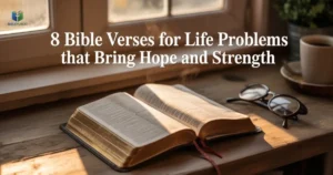 Open Bible showing 8 Bible verses for life problems, symbolizing hope and strength.
